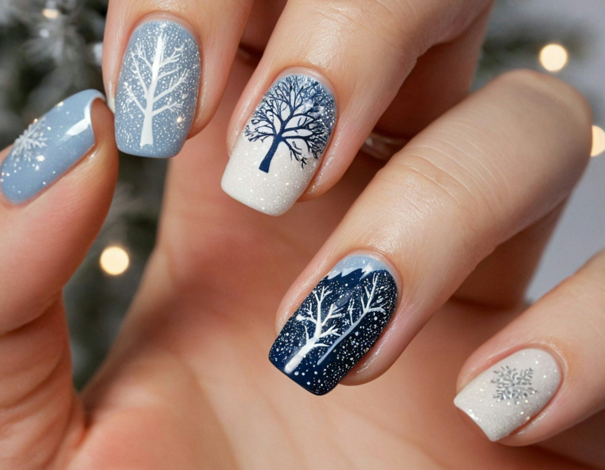 Birches and snowfall painted freehand on cornflower gel